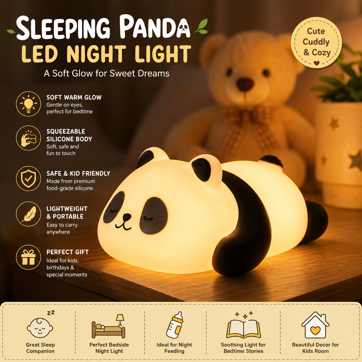 Sleeping Panda Led Night Light Cute Silicone Bedside Lamp For Kids (1 Pc)