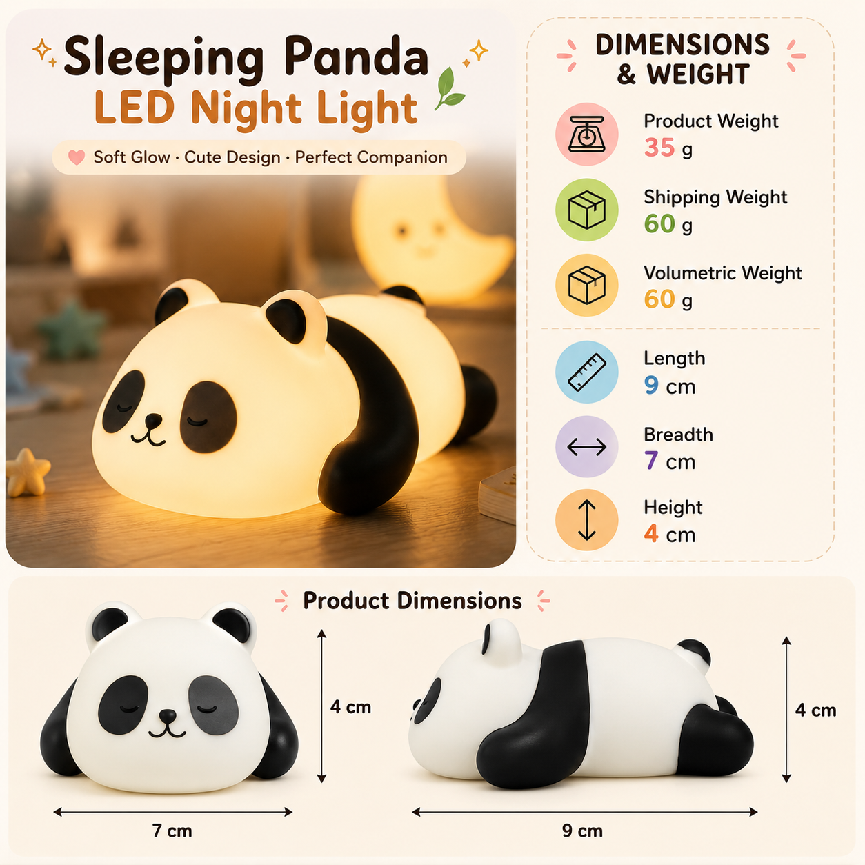 Sleeping Panda Led Night Light Cute Silicone Bedside Lamp For Kids (1 Pc)