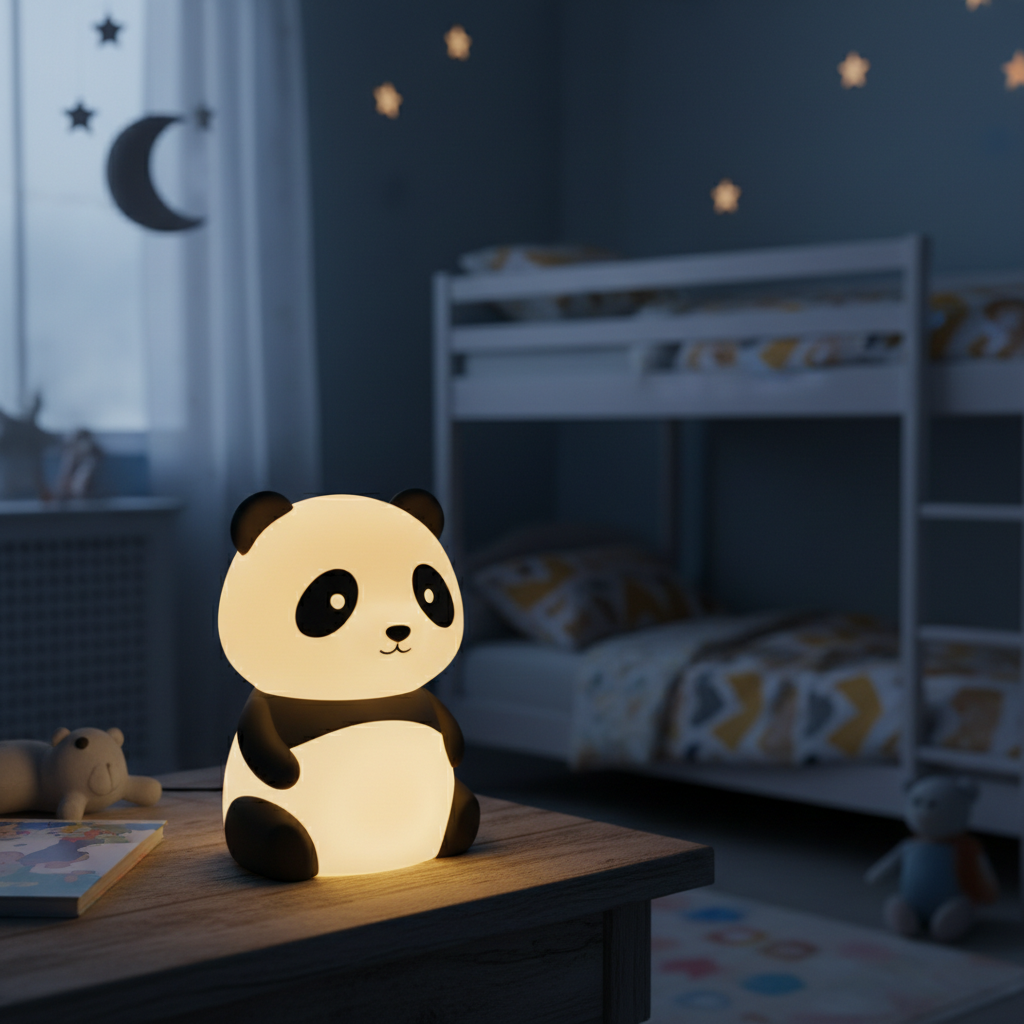 Cute panda LED night light glowing softly on a bedside table in a cozy kids bedroom